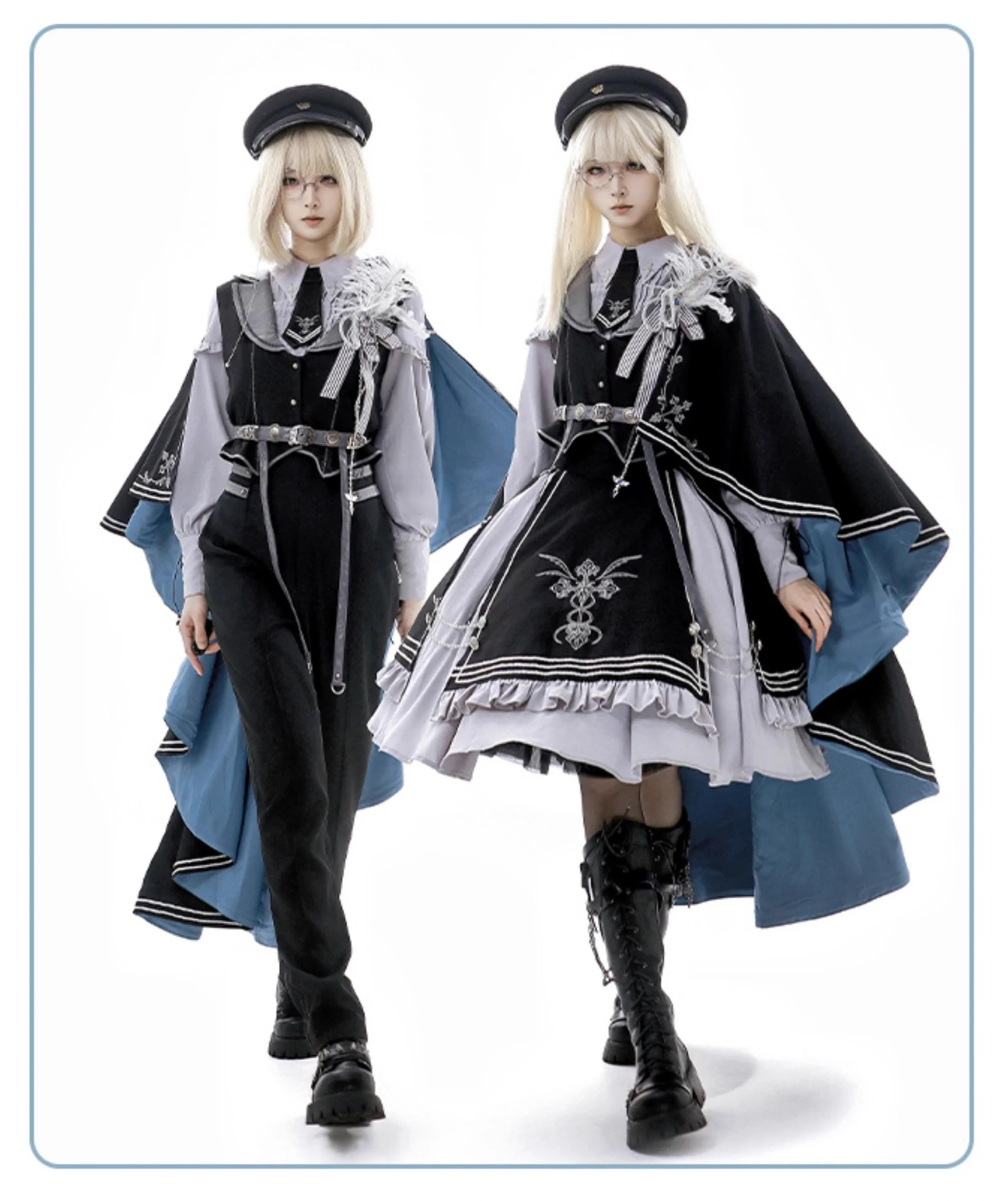 Dark Night Contract - Blue Military Lolita Pants Long Cape Couple Suit - Image 20