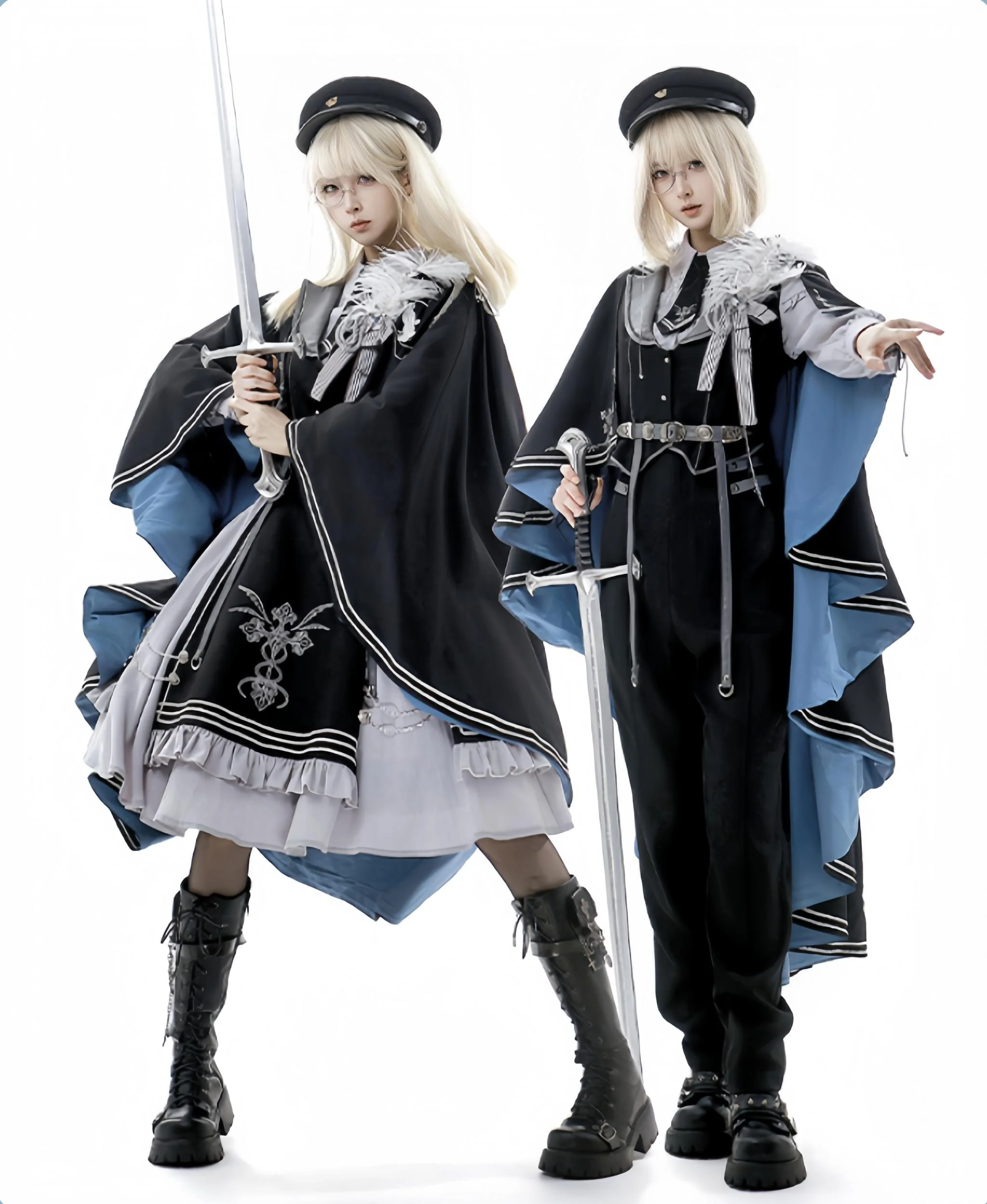 Dark Night Contract - Blue Military Lolita Pants Long Cape Couple Suit - Image 3