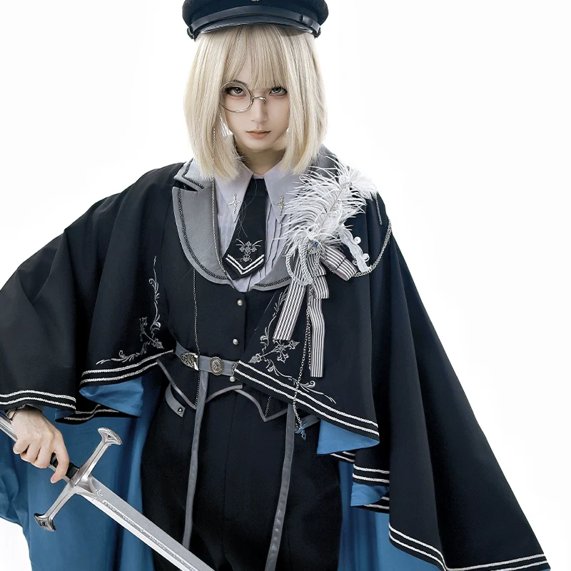 Dark Night Contract - Blue Military Lolita Pants Long Cape Couple Suit - Image 7