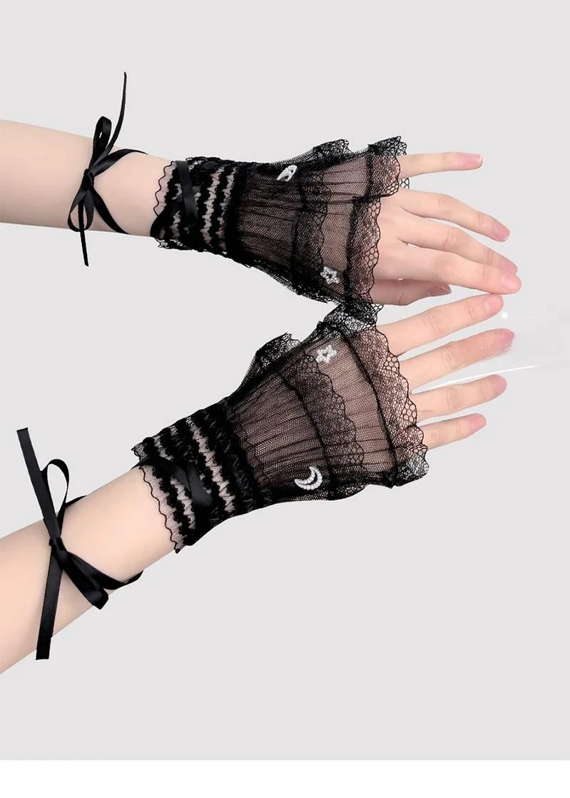 Hua Nai Cat - Star and Moon - Bridal Lolita Cuffs White and Black Ballet Style Lace Cuffs - Image 3