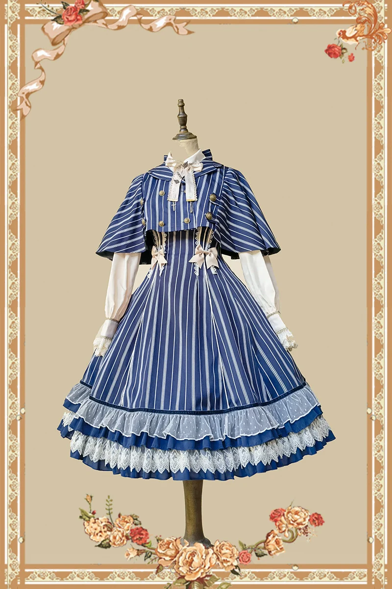 Elegant Lolita Stripe High-waist Jumper Dress Set and Cape - Image 12