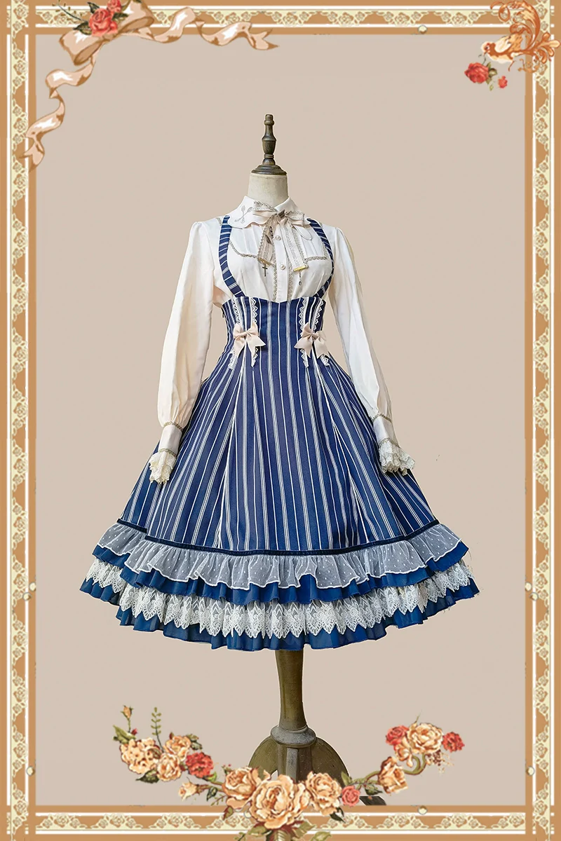 Elegant Lolita Stripe High-waist Jumper Dress Set and Cape - Image 14