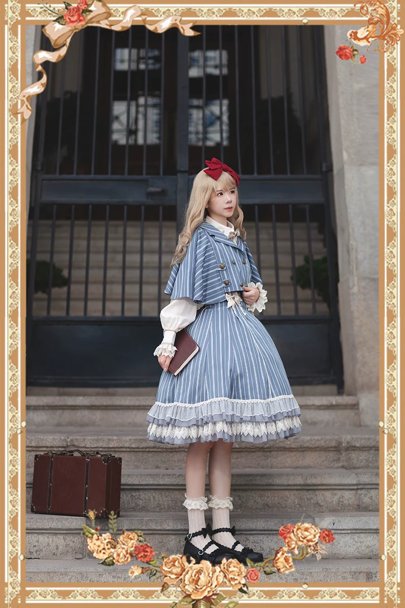 Elegant Lolita Stripe High-waist Jumper Dress Set and Cape - Image 18