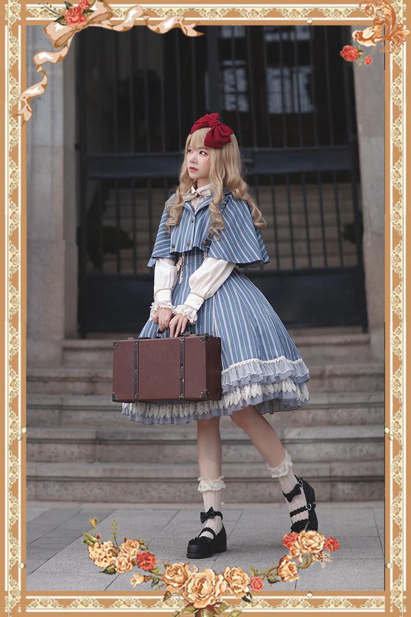 Elegant Lolita Stripe High-waist Jumper Dress Set and Cape - Image 19