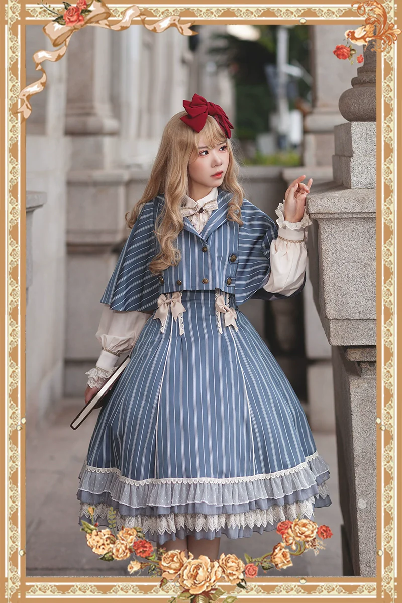 Elegant Lolita Stripe High-waist Jumper Dress Set and Cape - Image 20