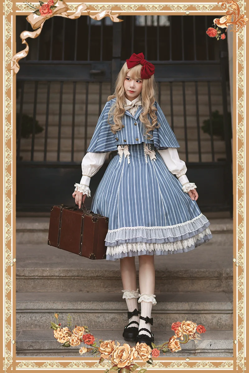 Elegant Lolita Stripe High-waist Jumper Dress Set and Cape - Image 23