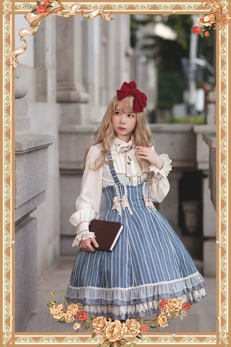 Elegant Lolita Stripe High-waist Jumper Dress Set and Cape - Image 28