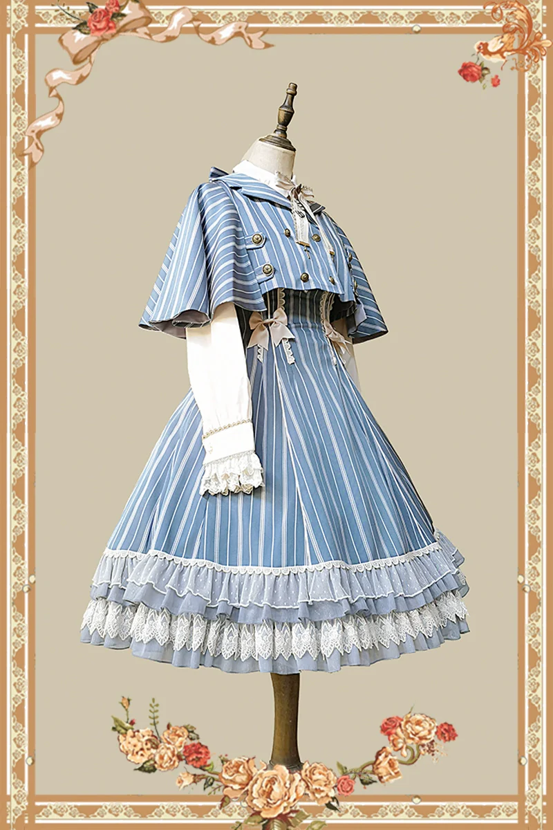 Elegant Lolita Stripe High-waist Jumper Dress Set and Cape - Image 31