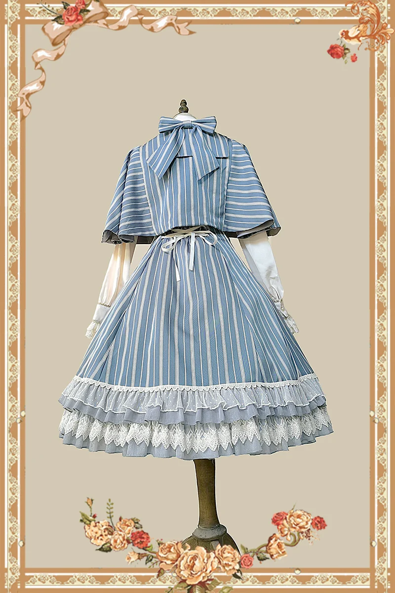 Elegant Lolita Stripe High-waist Jumper Dress Set and Cape - Image 35
