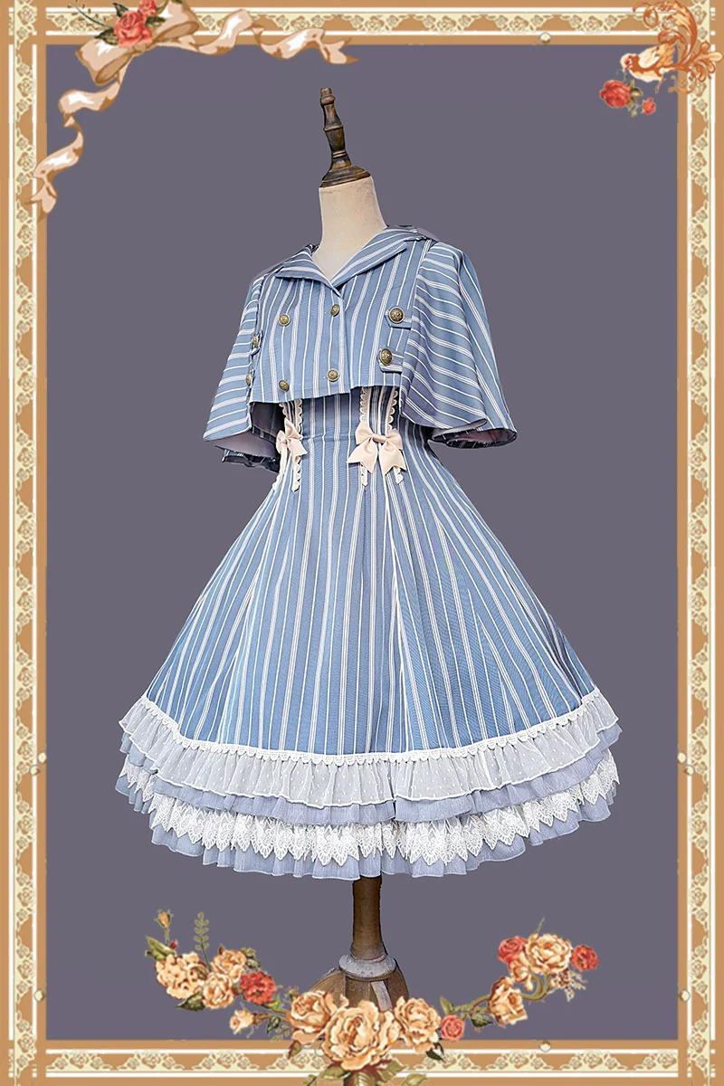 Elegant Lolita Stripe High-waist Jumper Dress Set and Cape - Image 36