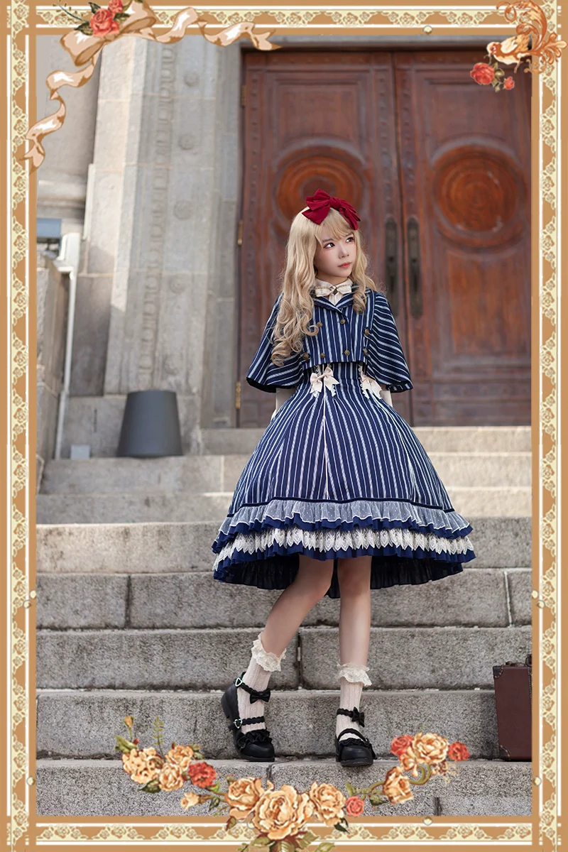 Elegant Lolita Stripe High-waist Jumper Dress Set and Cape - Image 4