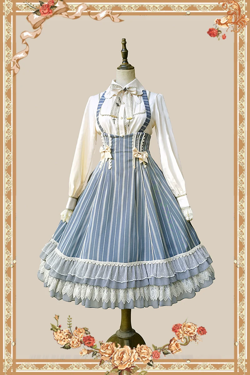 Elegant Lolita Stripe High-waist Jumper Dress Set and Cape - Image 40