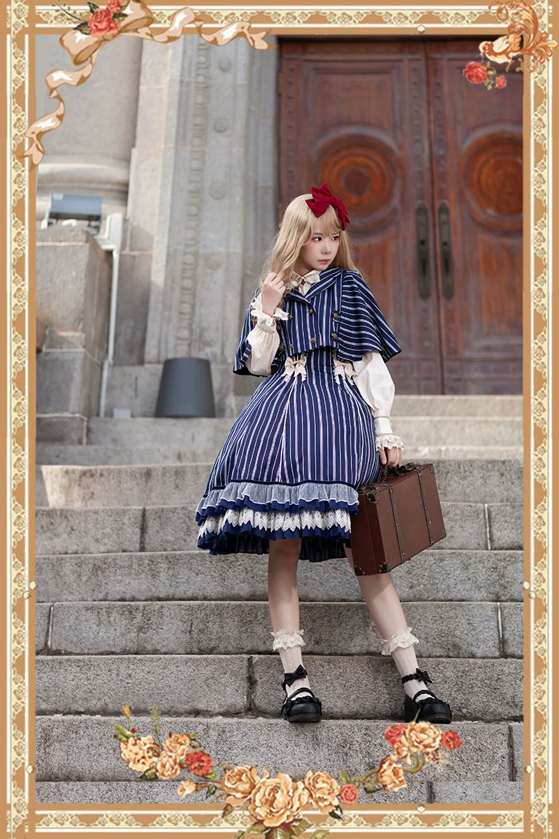 Elegant Lolita Stripe High-waist Jumper Dress Set and Cape - Image 5