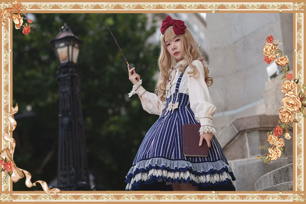 Elegant Lolita Stripe High-waist Jumper Dress Set and Cape - Image 7
