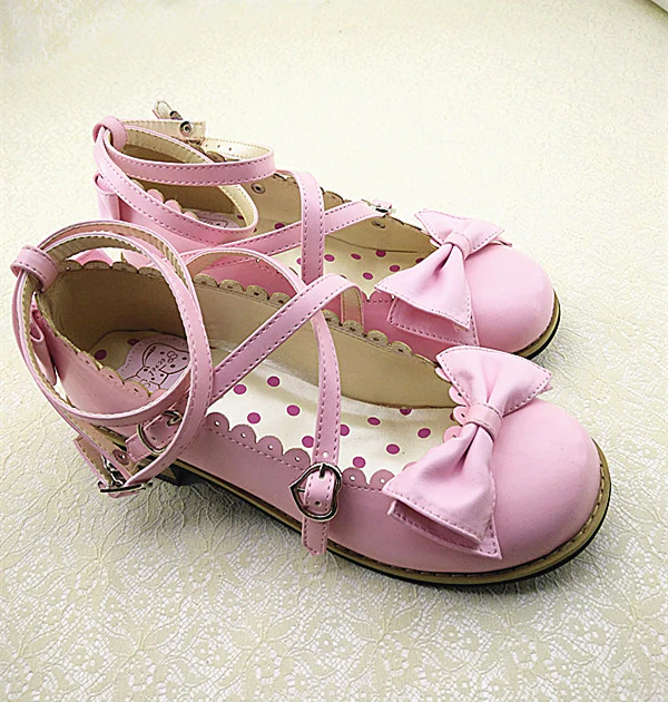 Lovely Lolita Low Heel Cross Strap Bow Tie Princess Shoes - Image 13