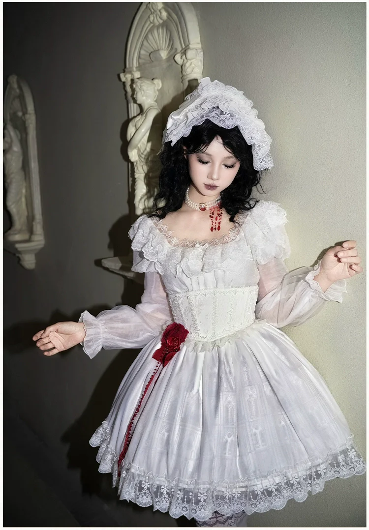 With PUJI - Dawn's Last Light - Castle Printed White Gothic Lolita OP, Two Length Styles - Image 15