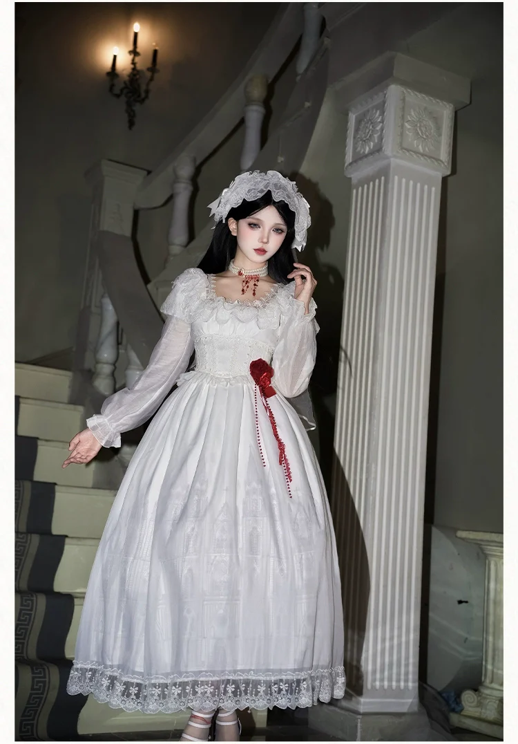 With PUJI - Dawn's Last Light - Castle Printed White Gothic Lolita OP, Two Length Styles - Image 18