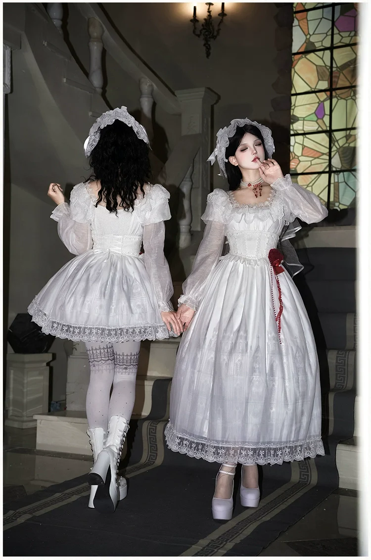 With PUJI - Dawn's Last Light - Castle Printed White Gothic Lolita OP, Two Length Styles - Image 2