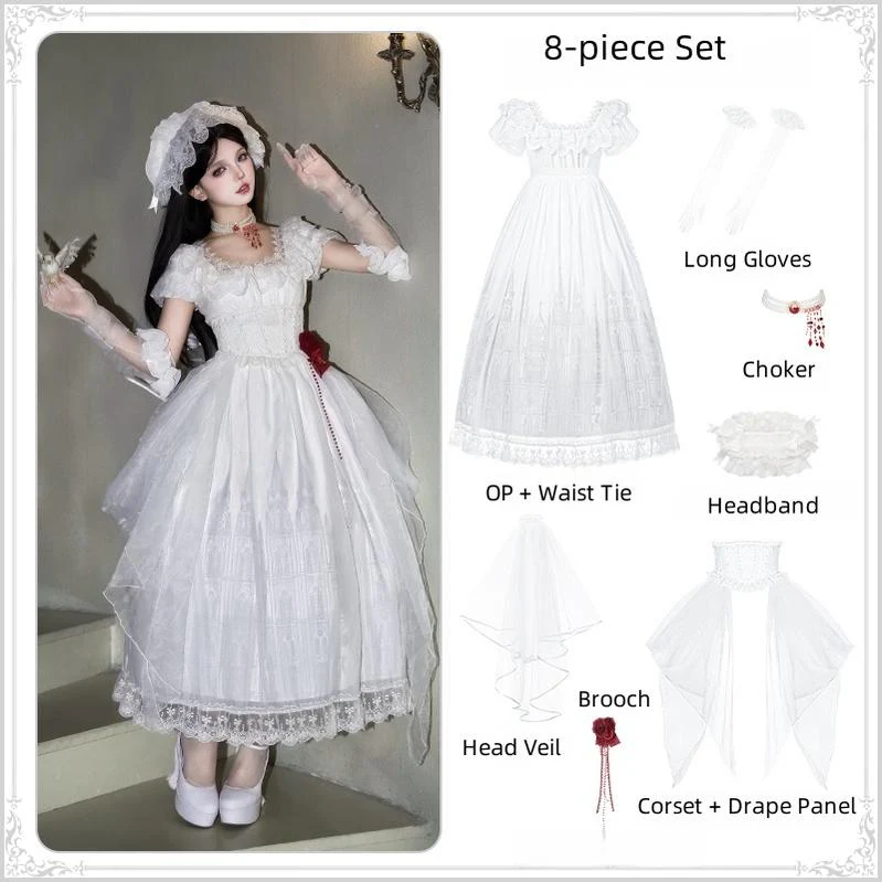 With PUJI - Dawn's Last Light - Castle Printed White Gothic Lolita OP, Two Length Styles - Image 20