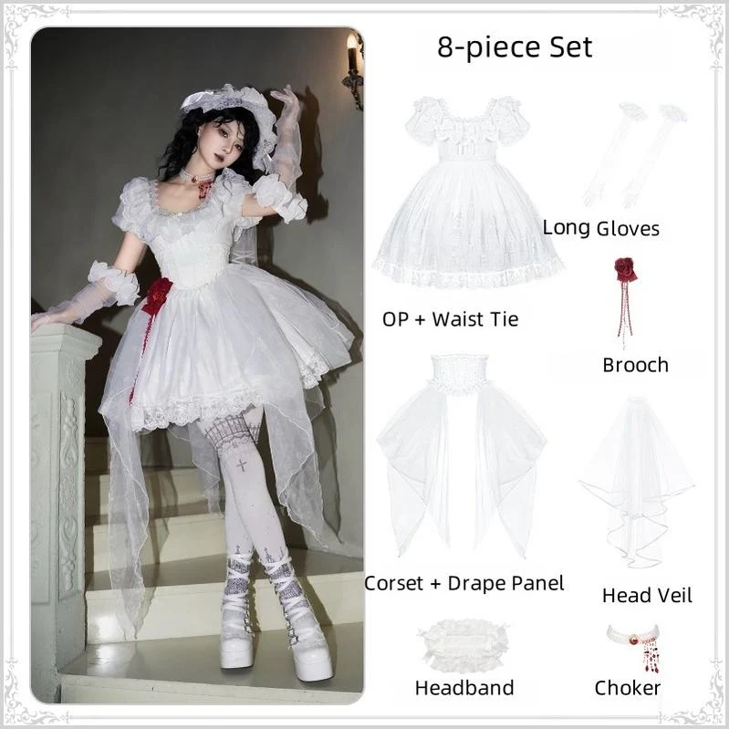 With PUJI - Dawn's Last Light - Castle Printed White Gothic Lolita OP, Two Length Styles - Image 21