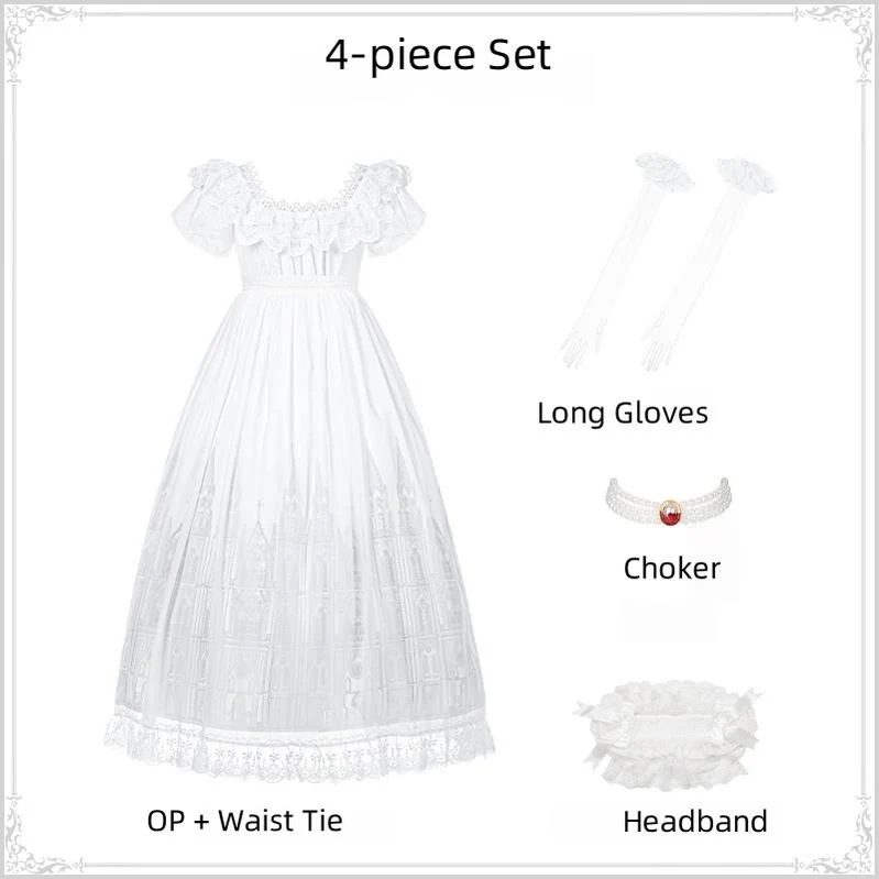 With PUJI - Dawn's Last Light - Castle Printed White Gothic Lolita OP, Two Length Styles - Image 23