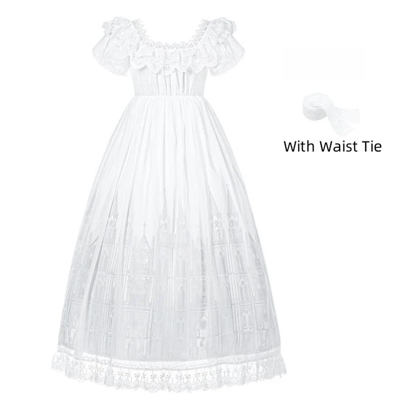 With PUJI - Dawn's Last Light - Castle Printed White Gothic Lolita OP, Two Length Styles - Image 24