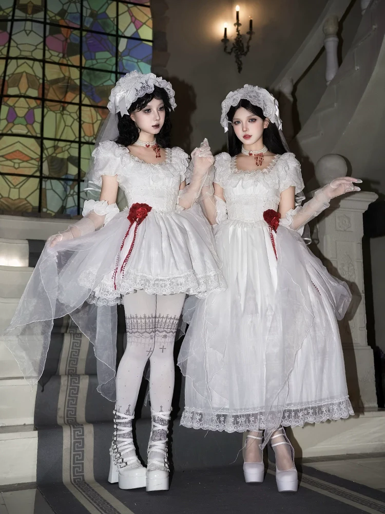 With PUJI - Dawn's Last Light - Castle Printed White Gothic Lolita OP, Two Length Styles - Image 3