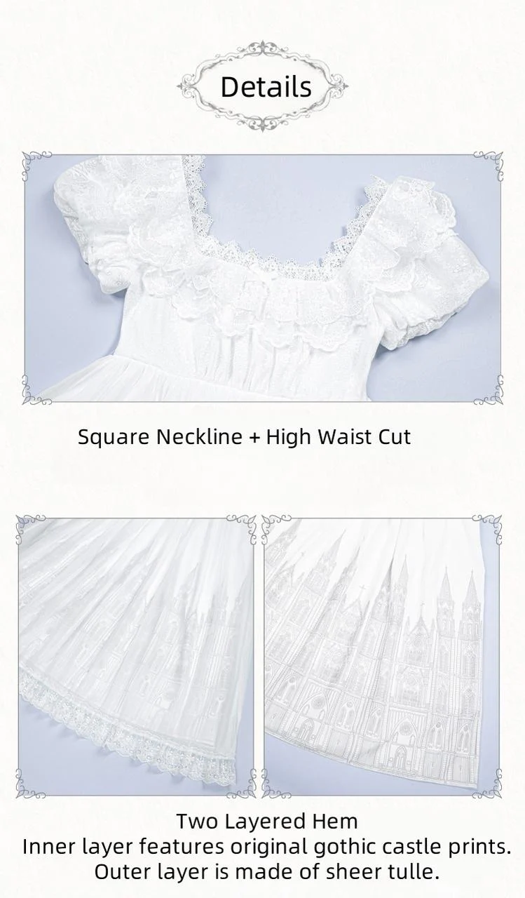 With PUJI - Dawn's Last Light - Castle Printed White Gothic Lolita OP, Two Length Styles - Image 5