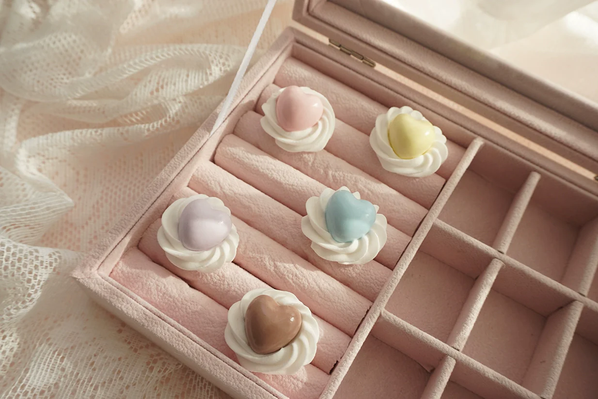 Cute Lolita Ring Handmade Clay Cream Heart Shape Adjustable Ring - Image 3