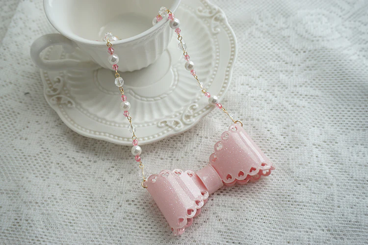 Handmade Sweet Lolita Beaded Bow Necklace - Image 13