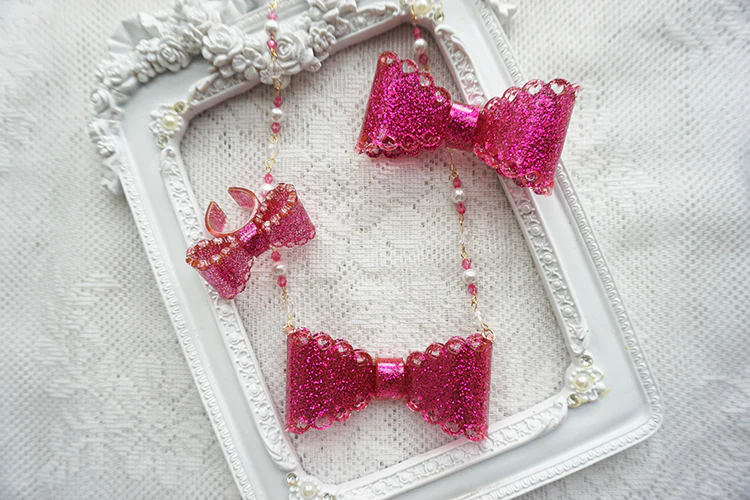 Handmade Sweet Lolita Beaded Bow Necklace - Image 3