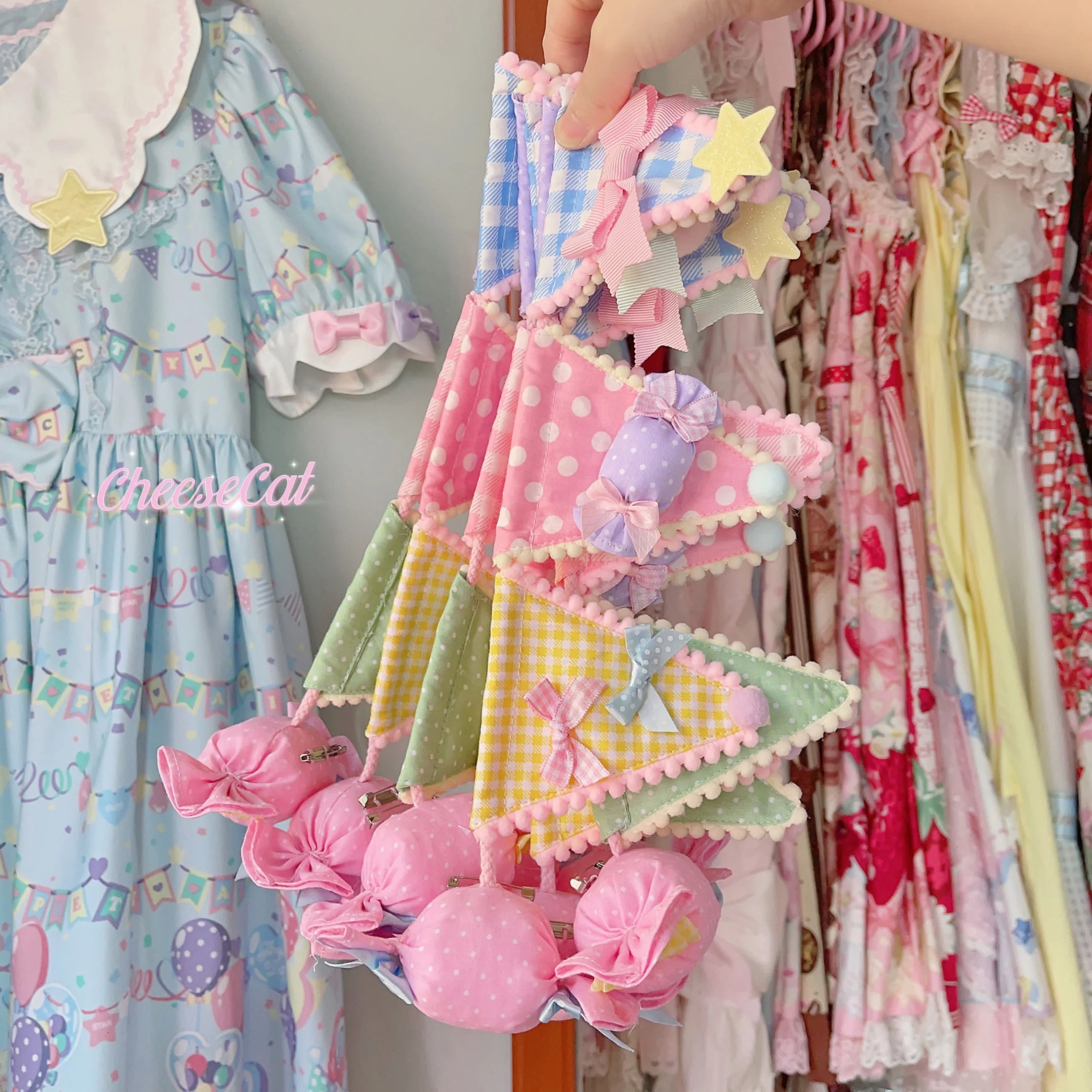 Cheese Cat - Sweet Lolita Plaid Candy Bow Flags Brooch - Image 3