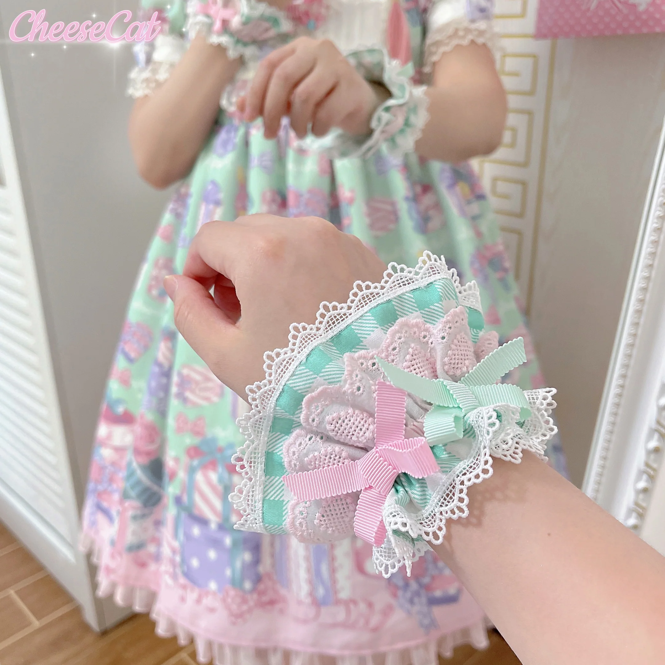 Cheese Cat - Sweet and Playful Strawberry Gingham Lace Cuffs - Image 3