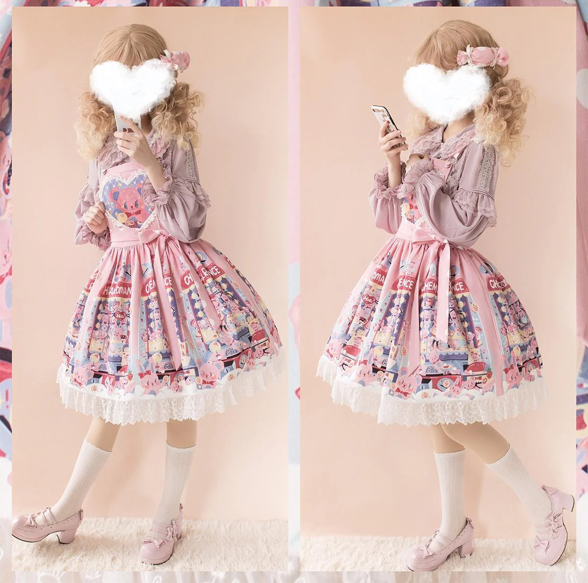 Sweetheart Doll Machine - Sweet Lolita Printed Salopette - Image 15