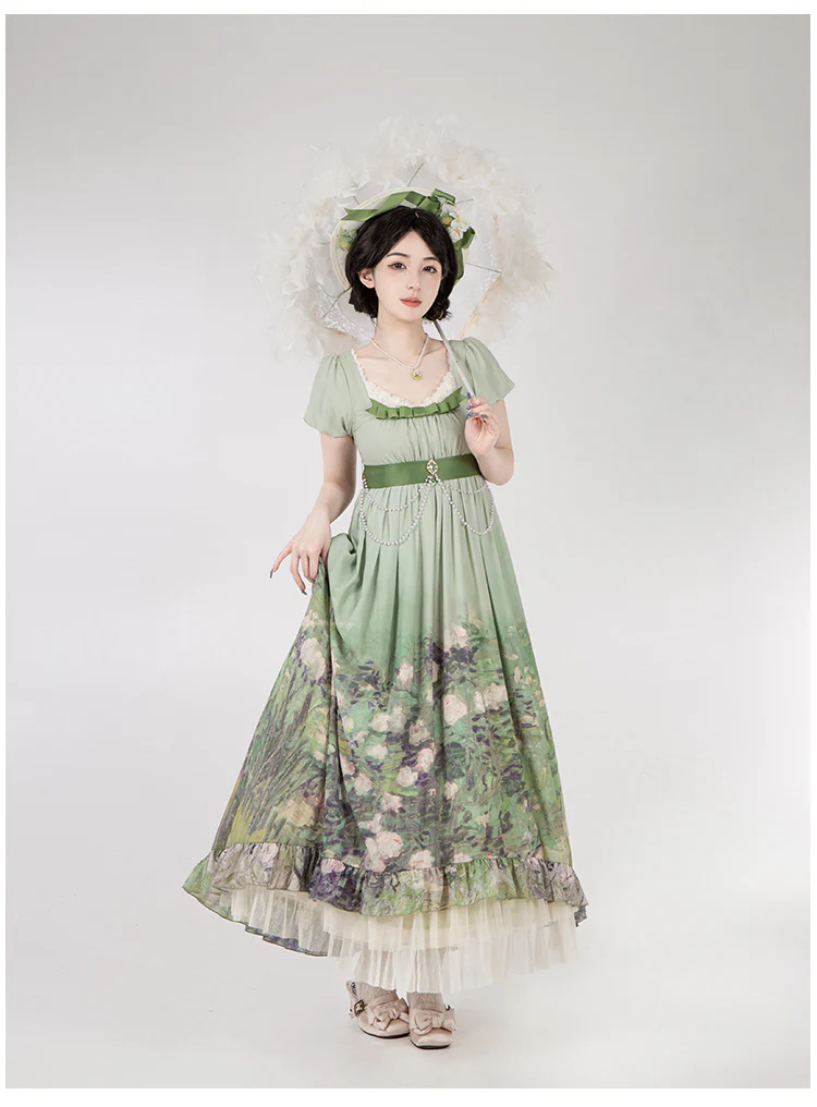 With PUJI - Blooming Rose - Chiffon Classic Lolita Dress Set Painting Styled OP & JSK - Image 2