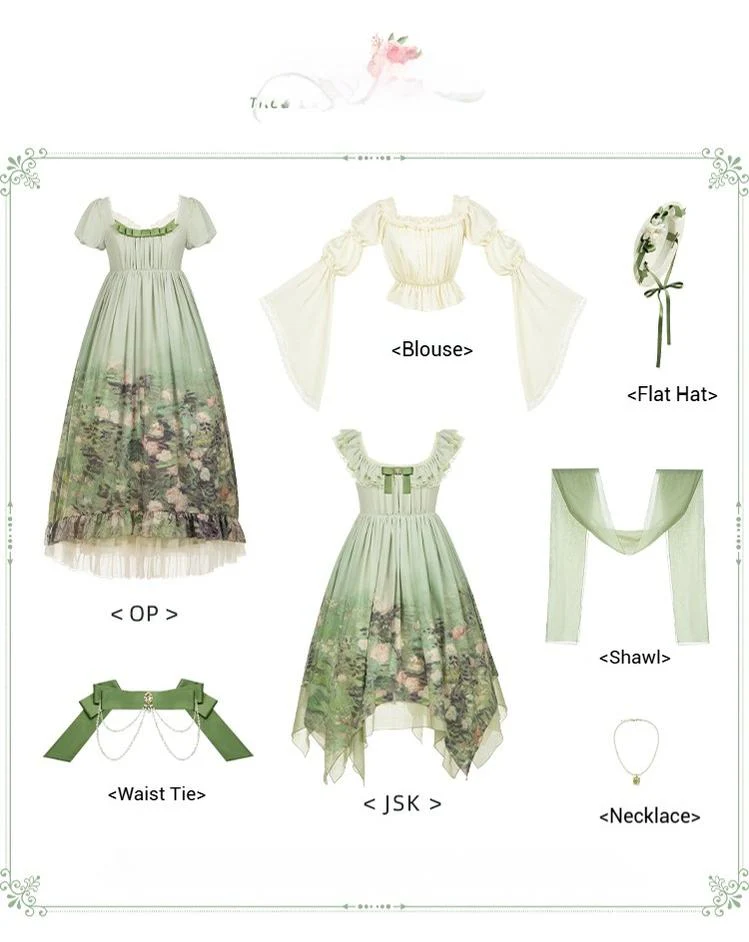 With PUJI - Blooming Rose - Chiffon Classic Lolita Dress Set Painting Styled OP & JSK - Image 51
