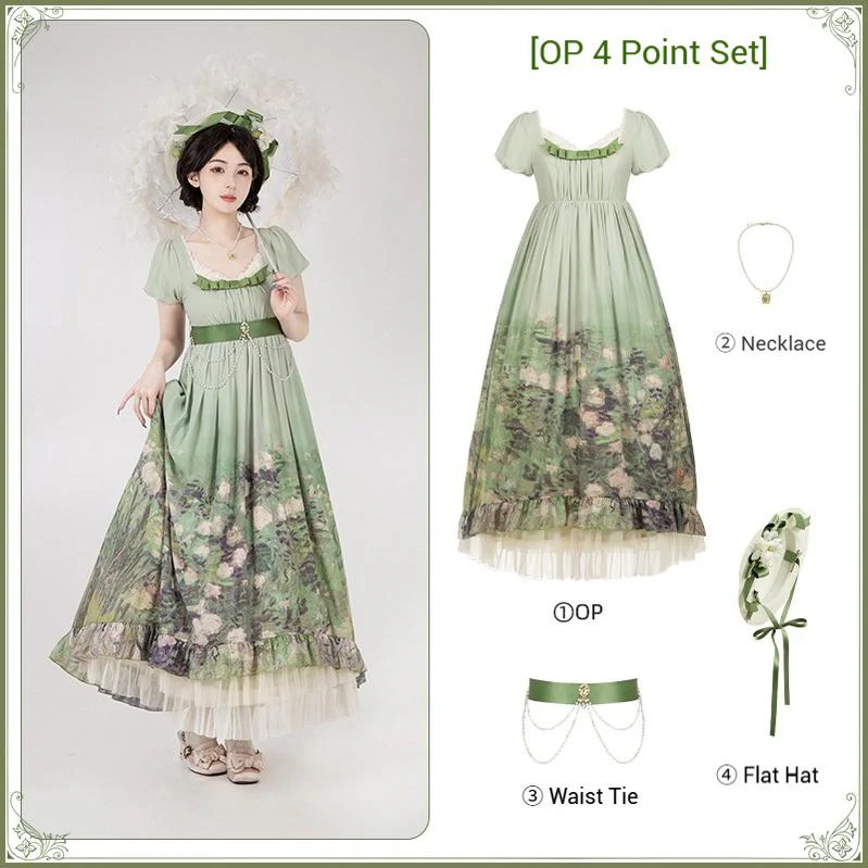 With PUJI - Blooming Rose - Chiffon Classic Lolita Dress Set Painting Styled OP & JSK - Image 53