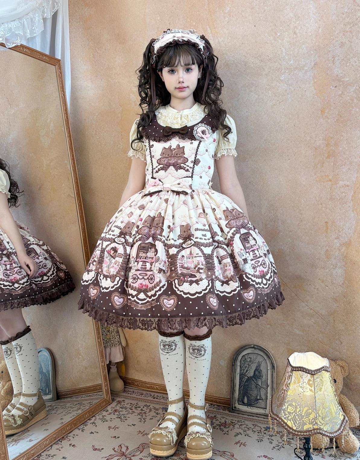 Chocolate Cat - Kawaii Lolita JSK, Cat & Chocolate Print - Image 39