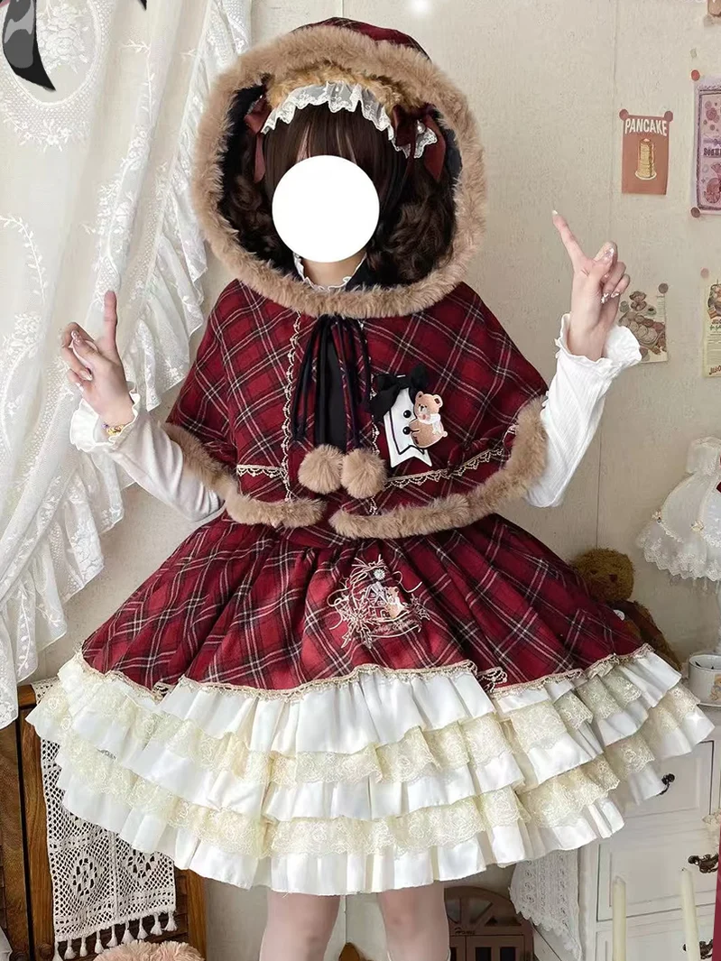 Kurikuma Cocoa - Christmas Plaid Lolita JSK, Hooded Cape - Image 11