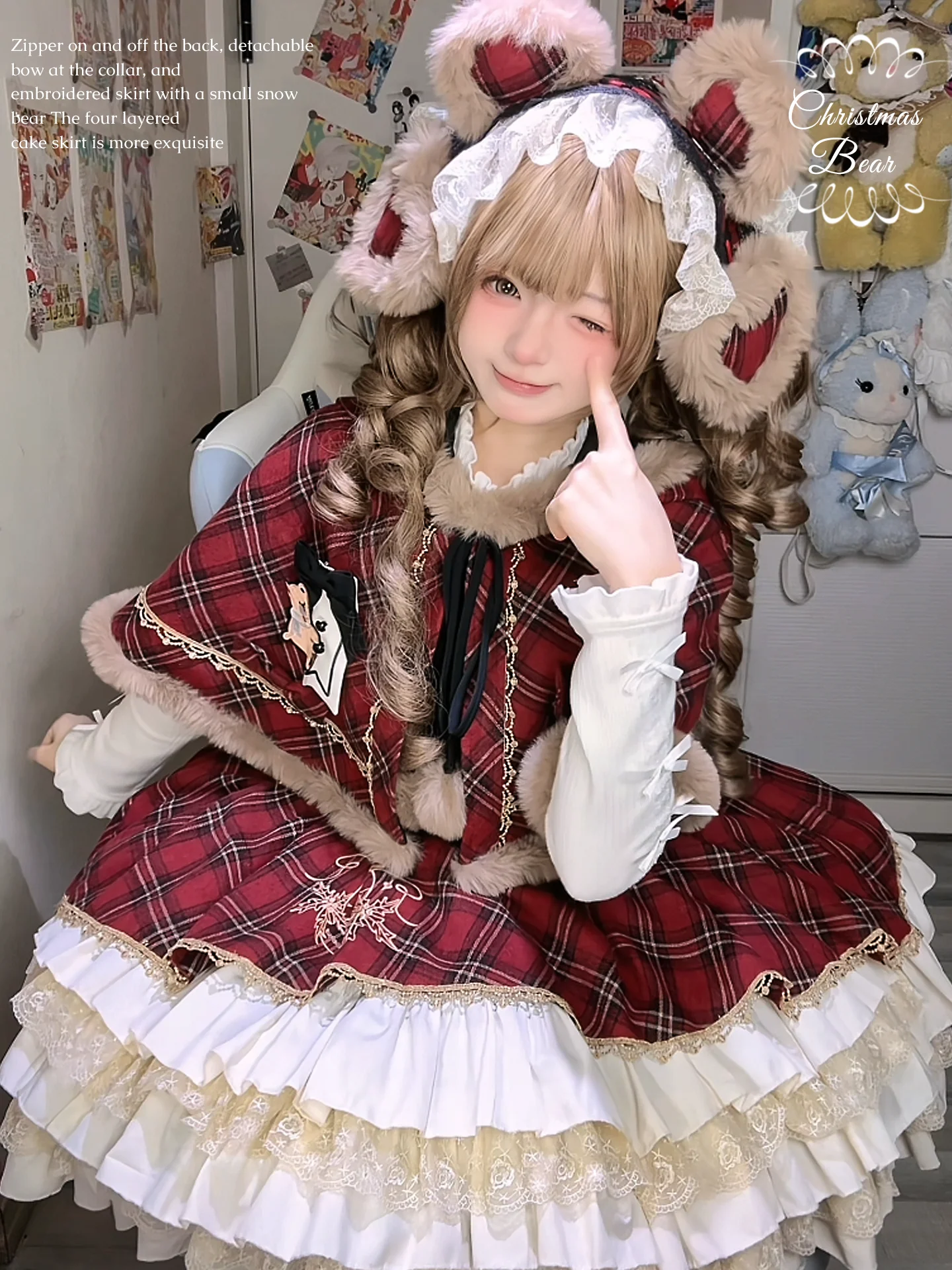 Kurikuma Cocoa - Christmas Plaid Lolita JSK, Hooded Cape - Image 12