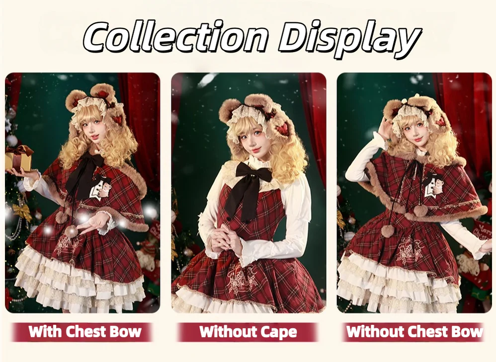 Kurikuma Cocoa - Christmas Plaid Lolita JSK, Hooded Cape - Image 14