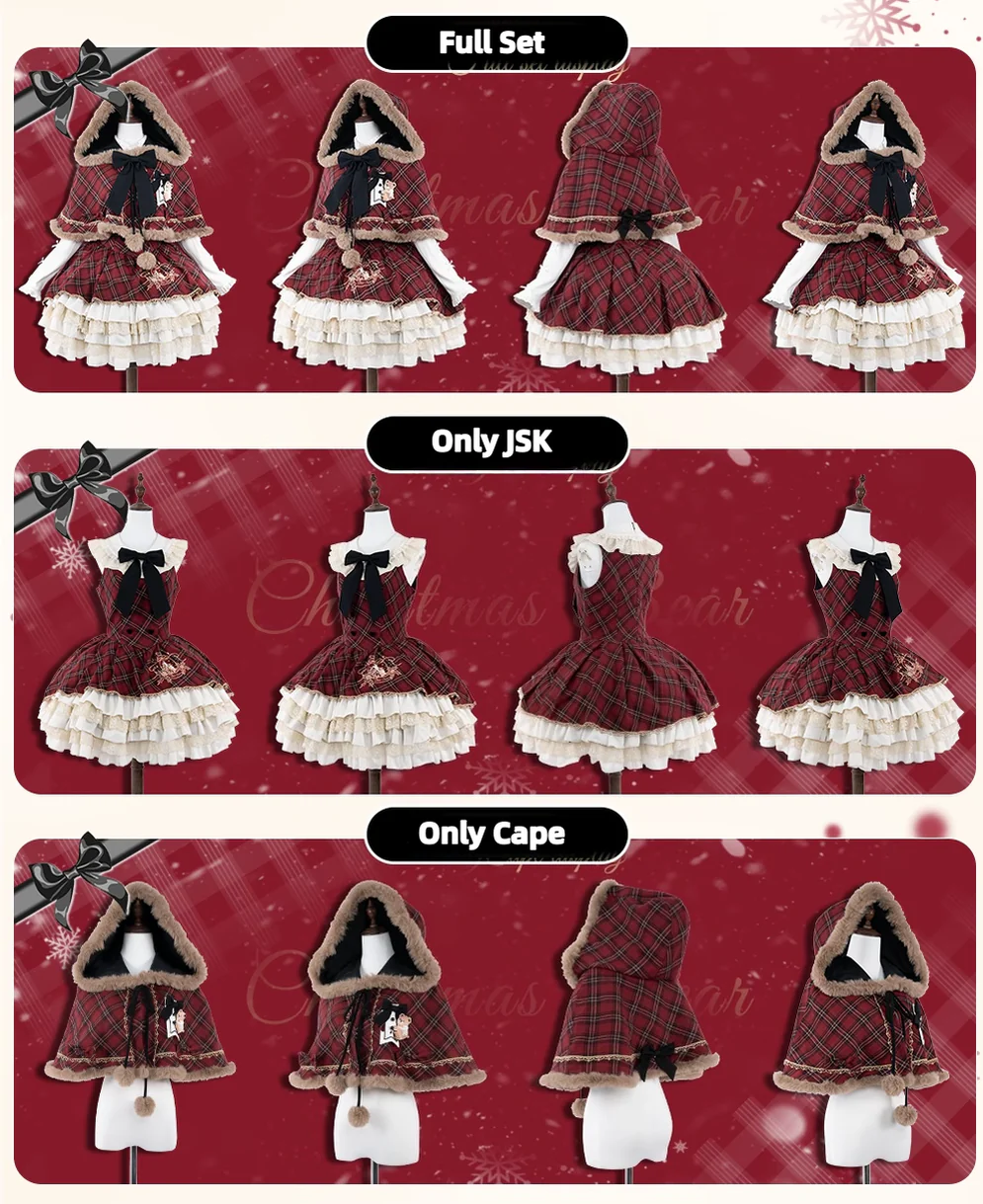 Kurikuma Cocoa - Christmas Plaid Lolita JSK, Hooded Cape - Image 16