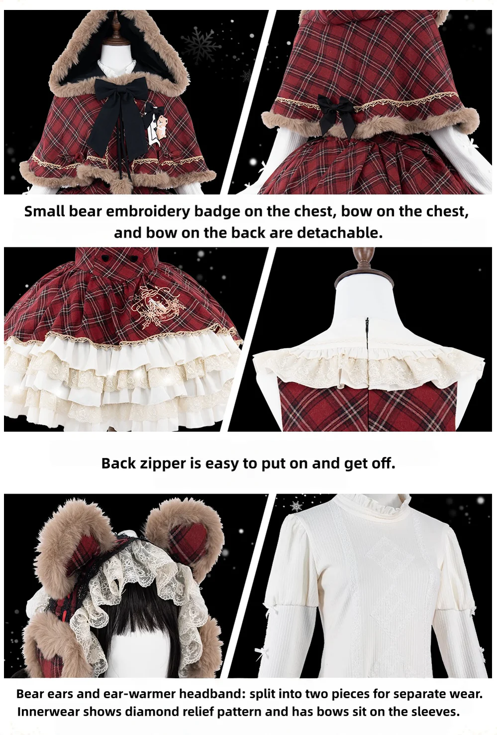 Kurikuma Cocoa - Christmas Plaid Lolita JSK, Hooded Cape - Image 17
