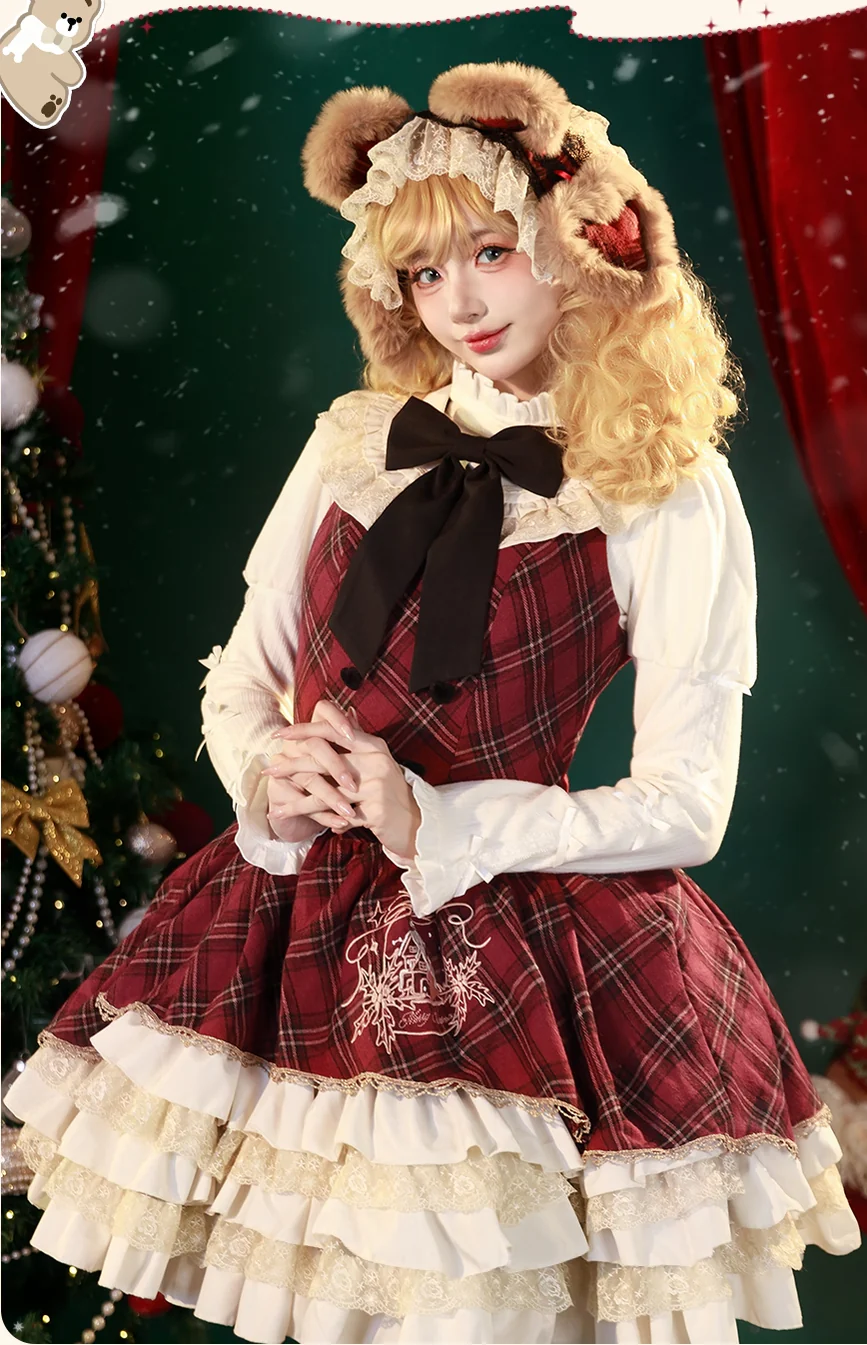 Kurikuma Cocoa - Christmas Plaid Lolita JSK, Hooded Cape - Image 6