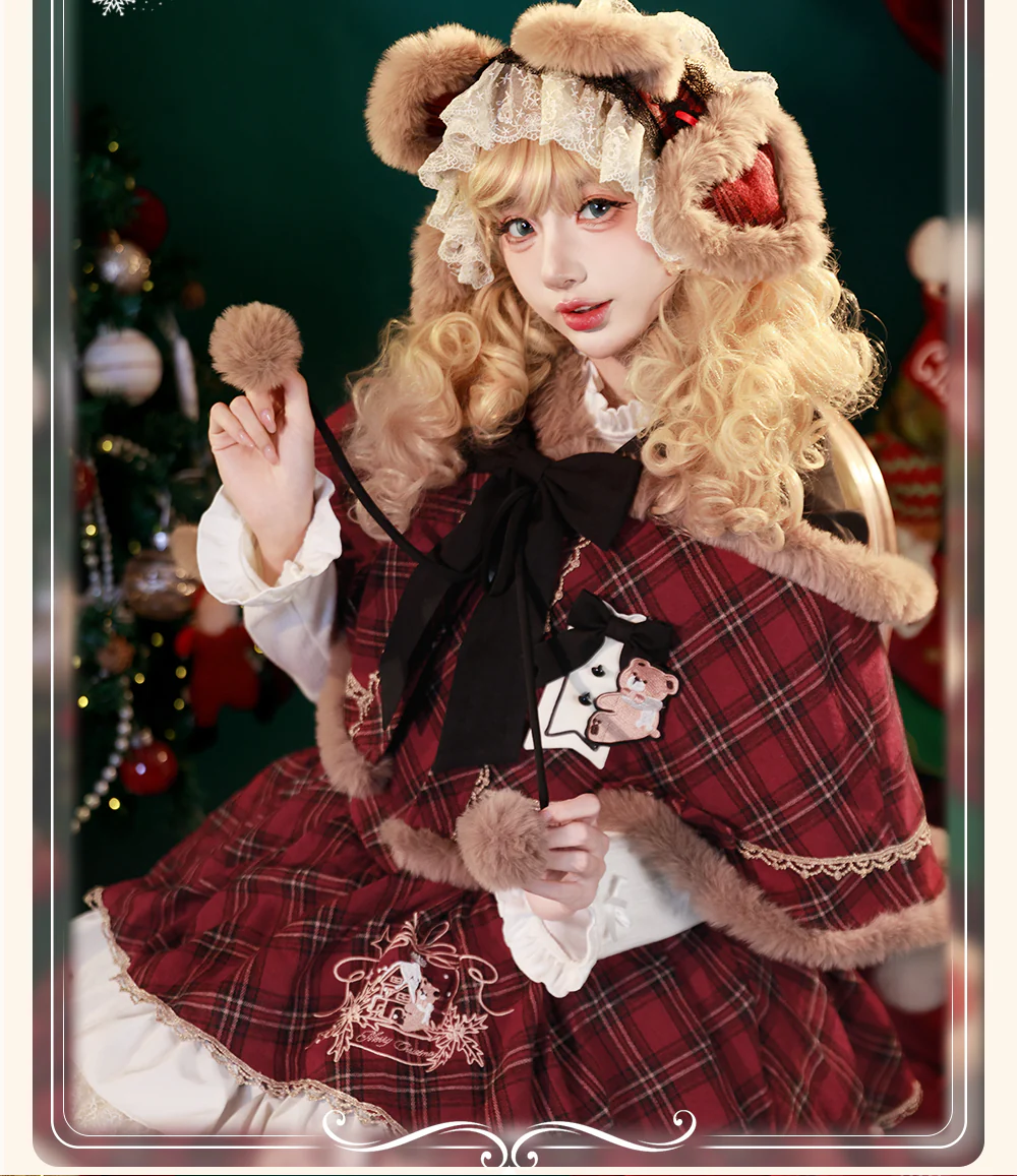 Kurikuma Cocoa - Christmas Plaid Lolita JSK, Hooded Cape - Image 7