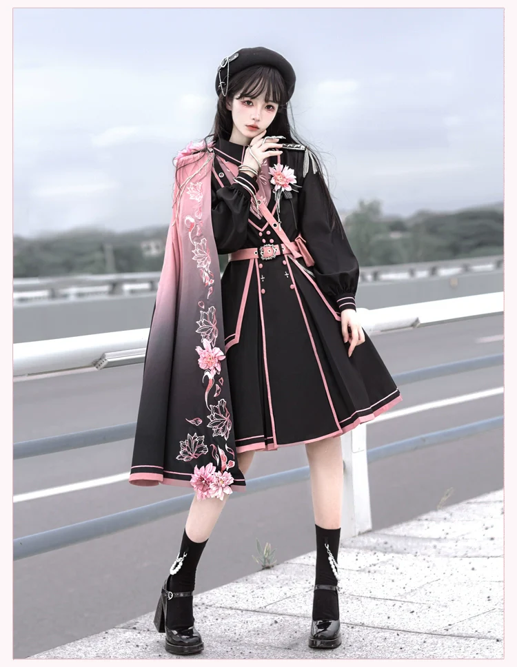Chunlv Lolita - Dark Pink Military Lolita OP Dress Lolita Cloak - Image 21