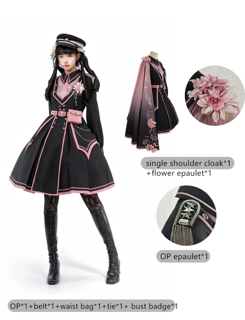 Chunlv Lolita - Dark Pink Military Lolita OP Dress Lolita Cloak - Image 6