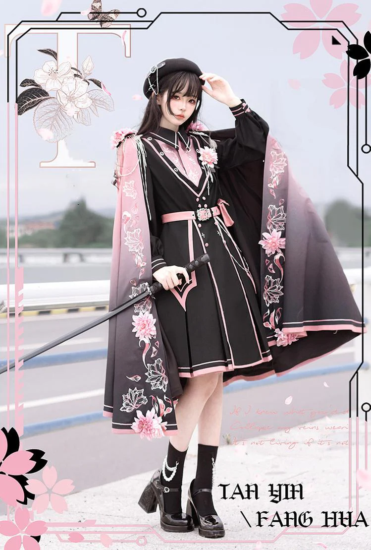 Chunlv Lolita - Dark Pink Military Lolita OP Dress Lolita Cloak - Image 8