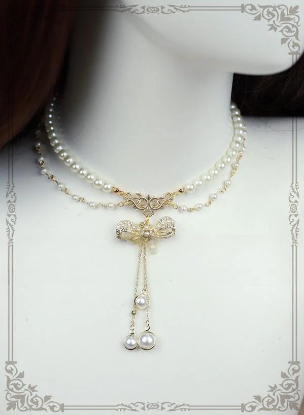 Classic Artificial Pearl Necklace, Butterfly Pendant - Image 2