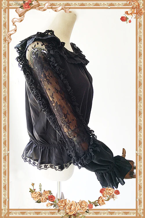 Jenny Cookies - Classic Lolita Chiffon Blouse with Hollow-out Lace Shoulder - Image 2